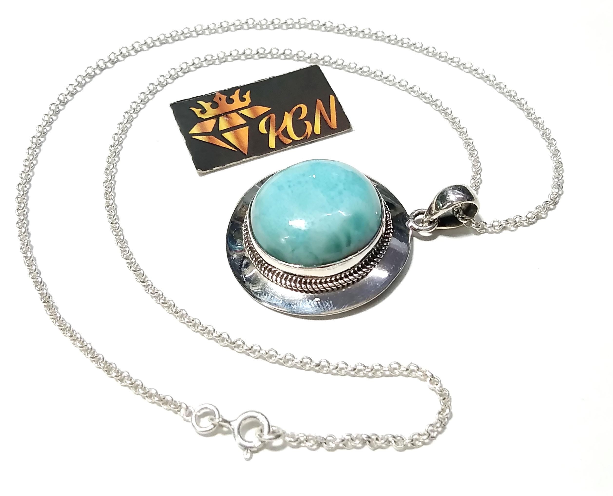 Larimar Chain Pendant Necklace, 925 Sterling Silver Pendant, Silver Designer Handmade Pendant, Marbled Round Shape Larimar Gemstone Pendant